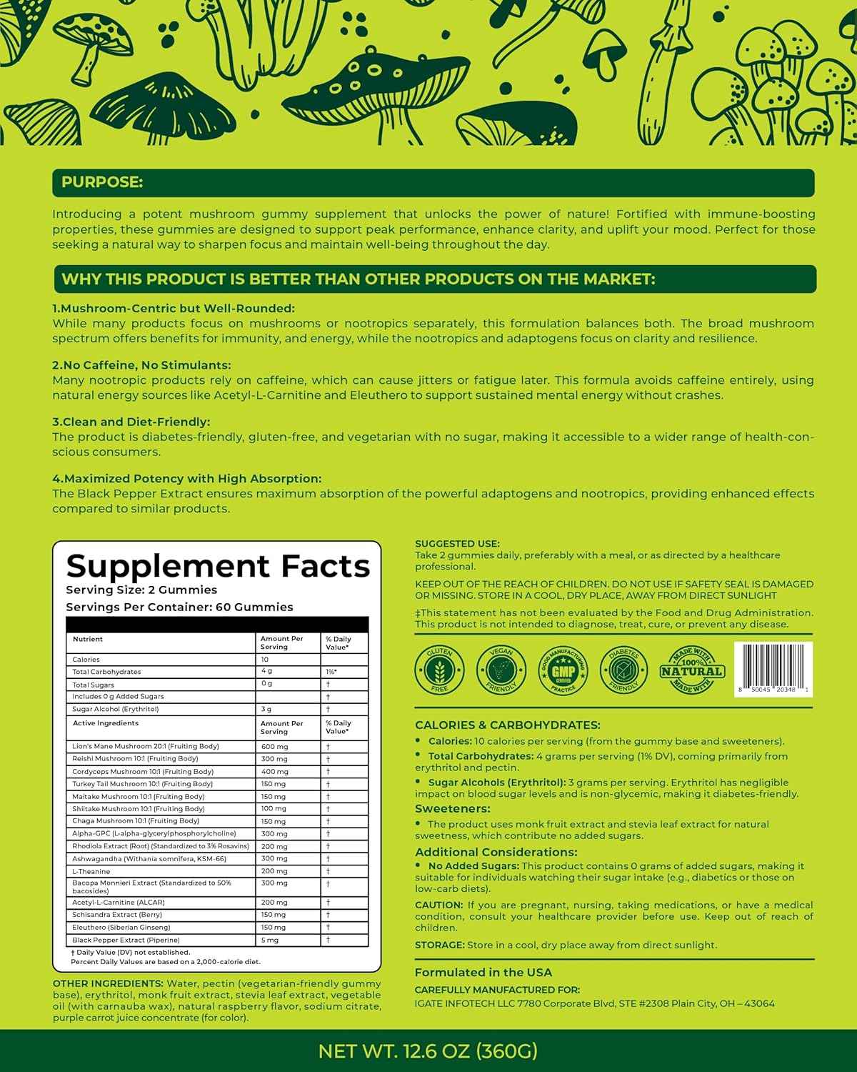 120 Mushroom Gummies Immune Support & Brain Performance Resilience & Memory Boost with Reishi, Cordyceps, Turkey Tail, Maitake, Shiitake & Chaga Delicious Raspberry Flavor Vegan & Sugar Free