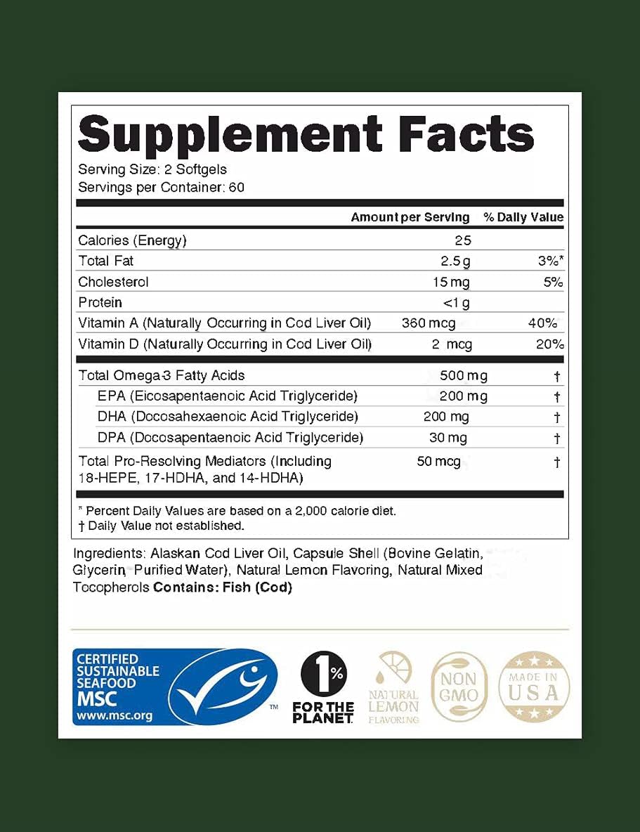 120 Softgels of Steward Wild-Caught Alaskan Cod Liver Oil with Omega-3's EPA, DHA, DPA, SPMs, Vitamin A & D