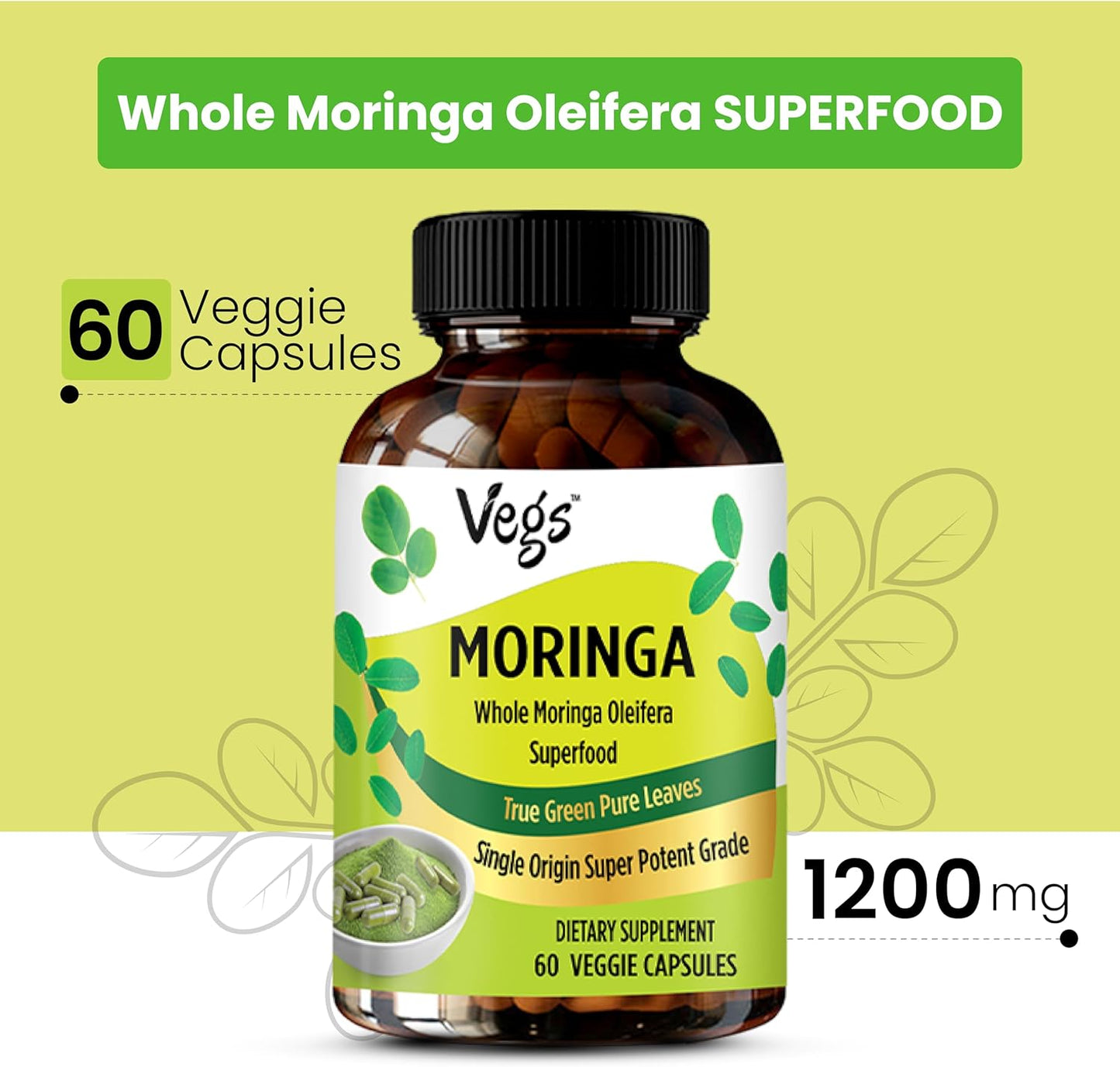 1200 mg Freeze Dried Moringa Oleifera Capsules - Immunity, Energy & Joint Health Support - 60 ct