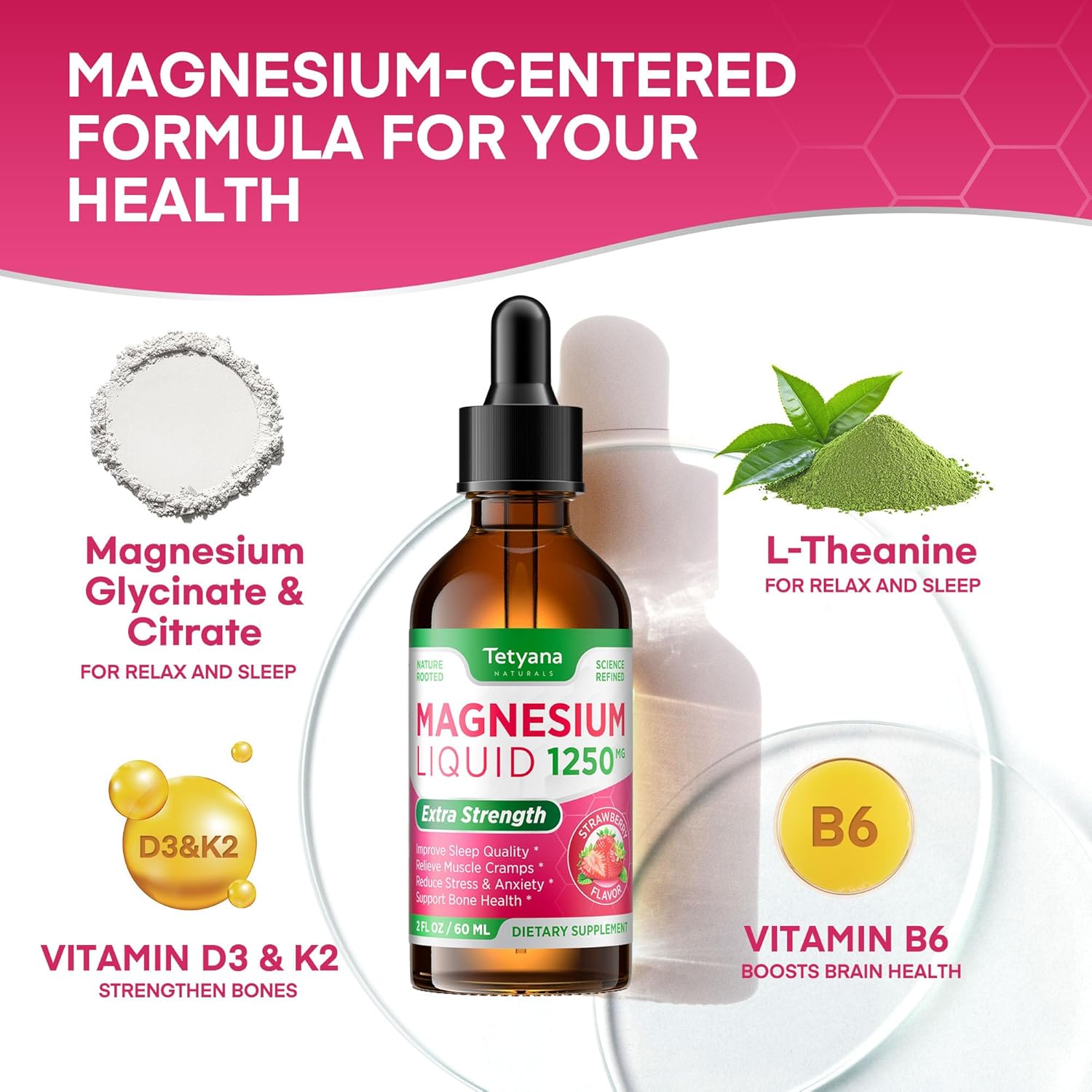 1250mg Magnesium Glycinate and Citrate Liquid Supplement with Vitamin B6, D3, K2, & L-Theanine for Muscle Relaxation, Sleep Support - 60mL