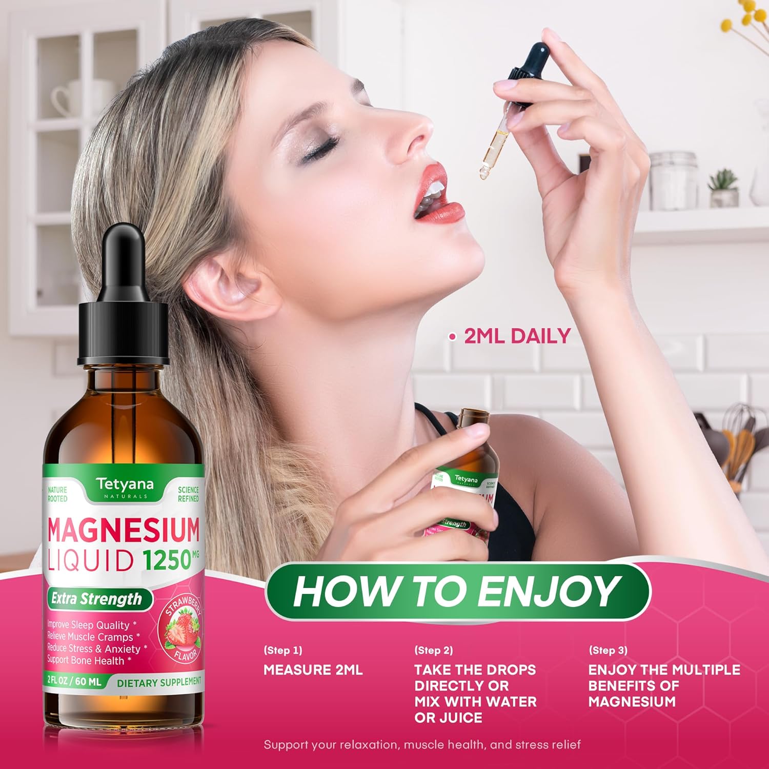 1250mg Magnesium Glycinate and Citrate Liquid Supplement with Vitamin B6, D3, K2, & L-Theanine for Muscle Relaxation, Sleep Support - 60mL