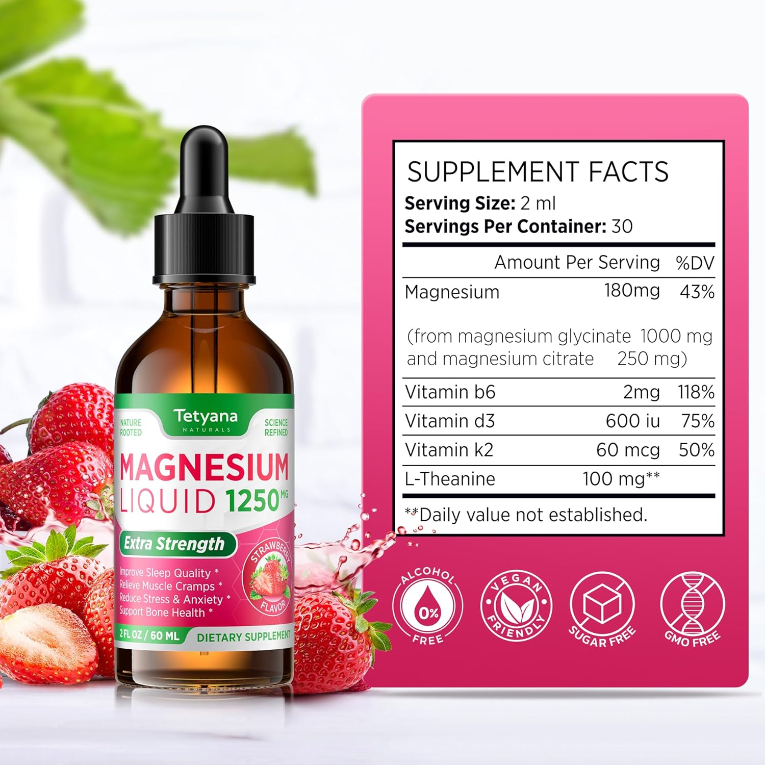 1250mg Magnesium Glycinate and Citrate Liquid Supplement with Vitamin B6, D3, K2, & L-Theanine for Muscle Relaxation, Sleep Support - 60mL