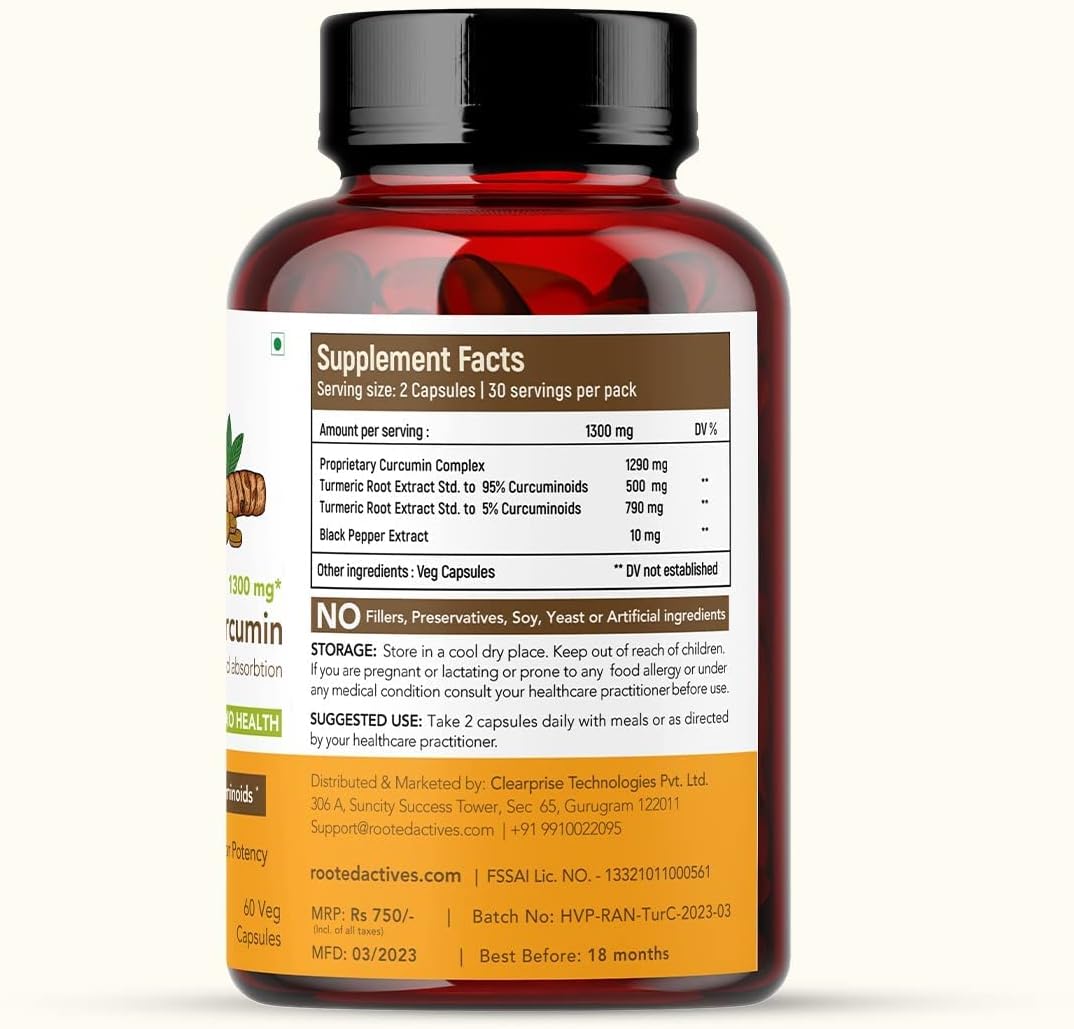 1300mg Curcumin (95%) with Black Pepper Extract | Immunity & Joint Health Support | 60 Veg Capsules