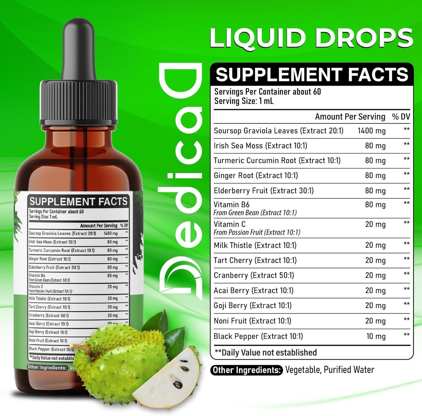 14-in-1 Soursop Liquid Drops with Sea Moss, Turmeric, Ginger, Elderberry - Immune Support - 2 fl oz