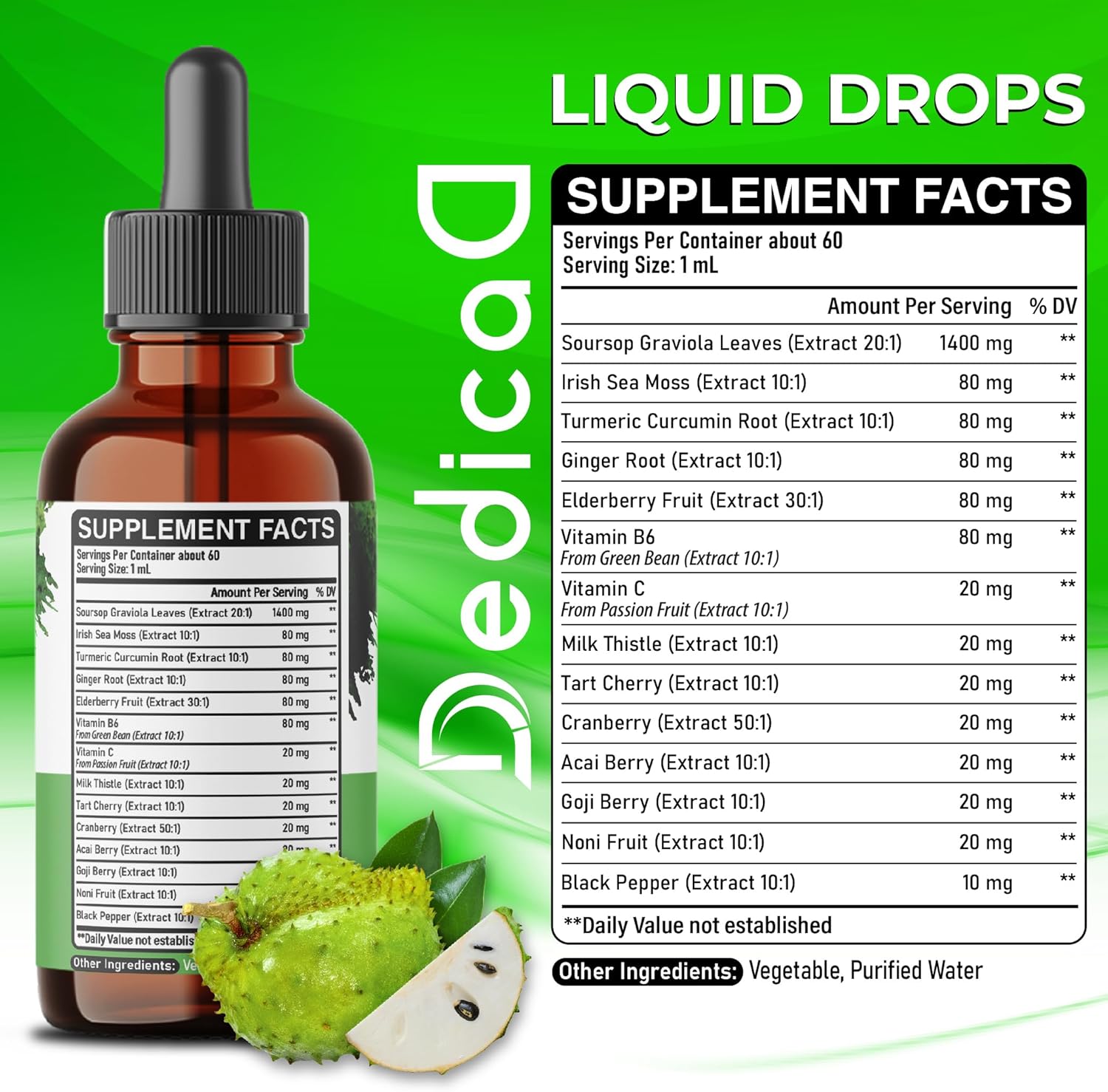 14-in-1 Soursop Liquid Drops with Sea Moss, Turmeric, Ginger, Elderberry - Immune Support - 2 fl oz