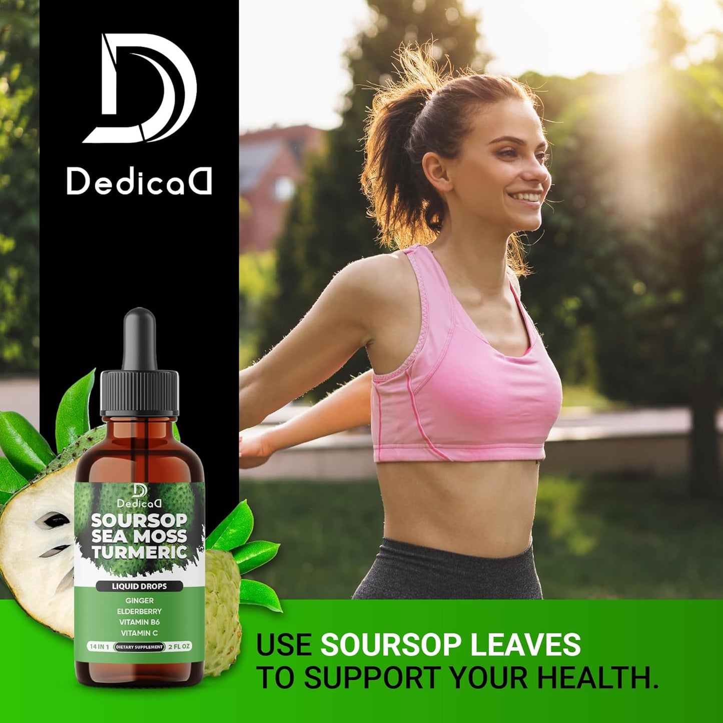 14-in-1 Soursop Liquid Drops with Sea Moss, Turmeric, Ginger, Elderberry - Immune Support - 2 fl oz