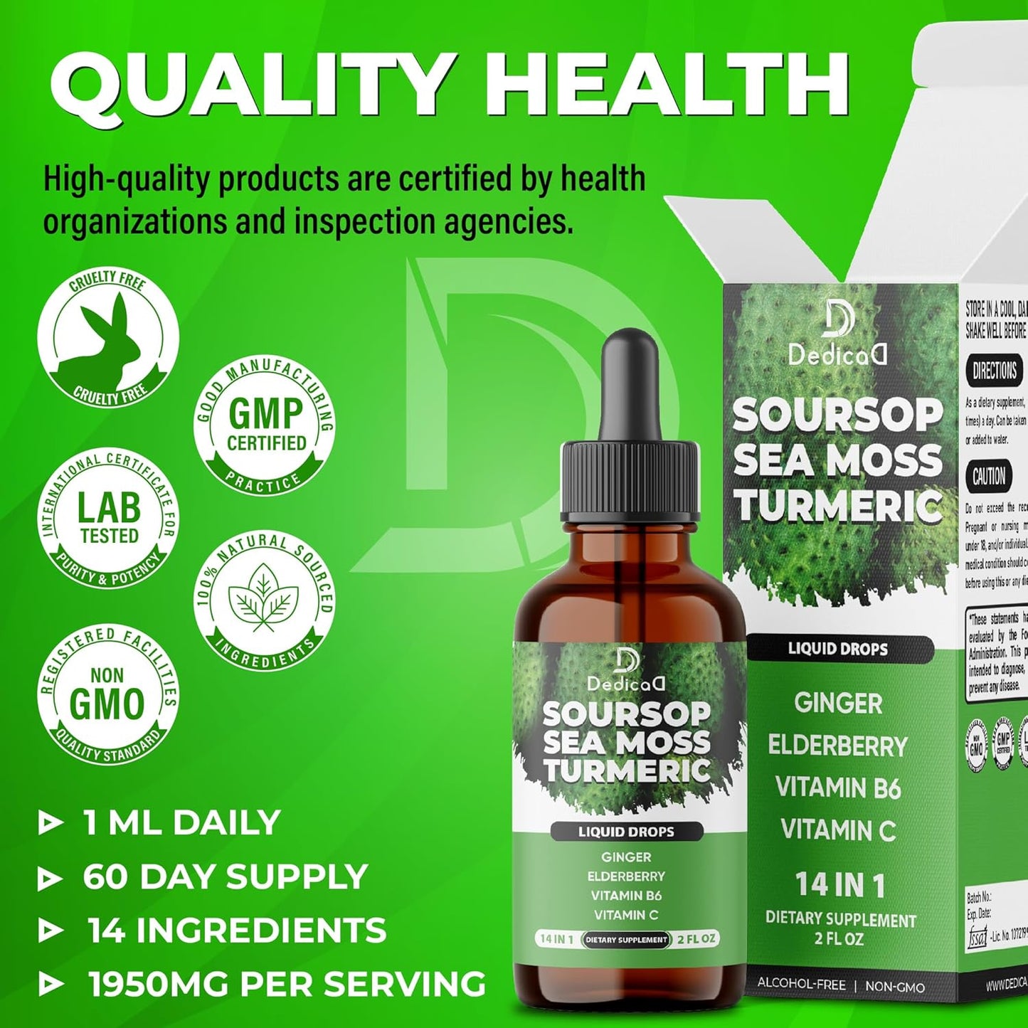 14-in-1 Soursop Liquid Drops with Sea Moss, Turmeric, Ginger, Elderberry - Immune Support - 2 fl oz
