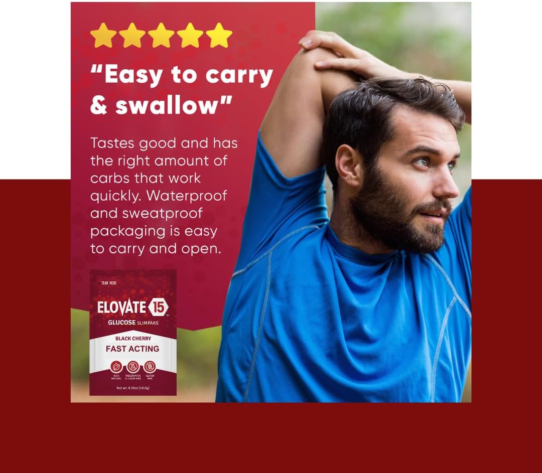 15 Packets of Elovate Glucose Powder - Fast-Acting Alternative to Gels and Tablets - Cherry Flavored Dextrose Powder - Gluten-Free