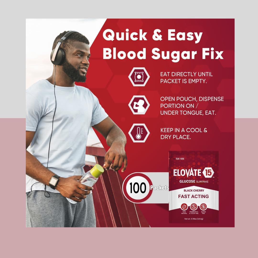 15 Packets of Elovate Glucose Powder - Fast-Acting Alternative to Gels and Tablets - Cherry Flavored Dextrose Powder - Gluten-Free