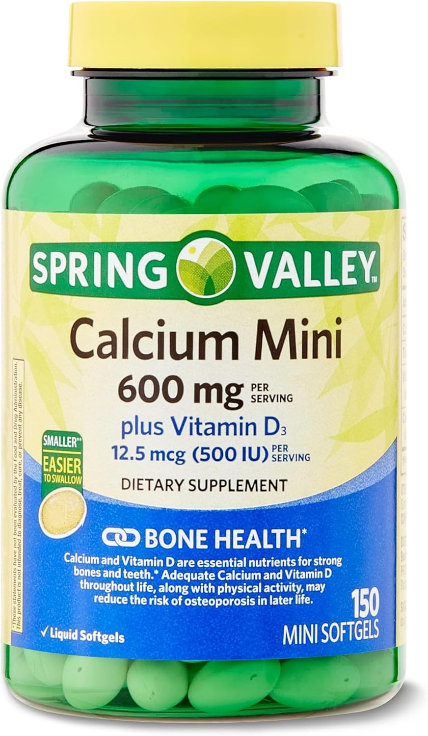 150 Mini Softgel Calcium Supplement with 600mg Calcium and Vitamin D3 for Bone Health and Support