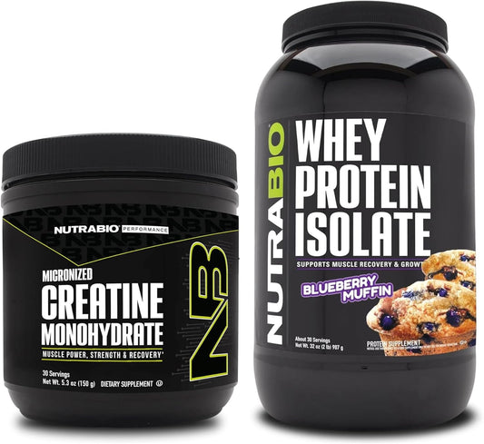 150g NutraBio Creatine Monohydrate & Blueberry Muffin Whey Protein Isolate Bundle - Muscle Energy, Lean Muscle Growth, Recovery, Strength