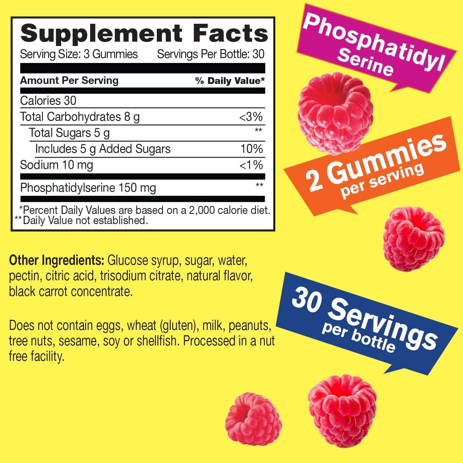 150mg Phosphatidylserine Gummies for Cognitive Support - Raspberry Flavor - Gluten Free - Non GMO - 60 Count