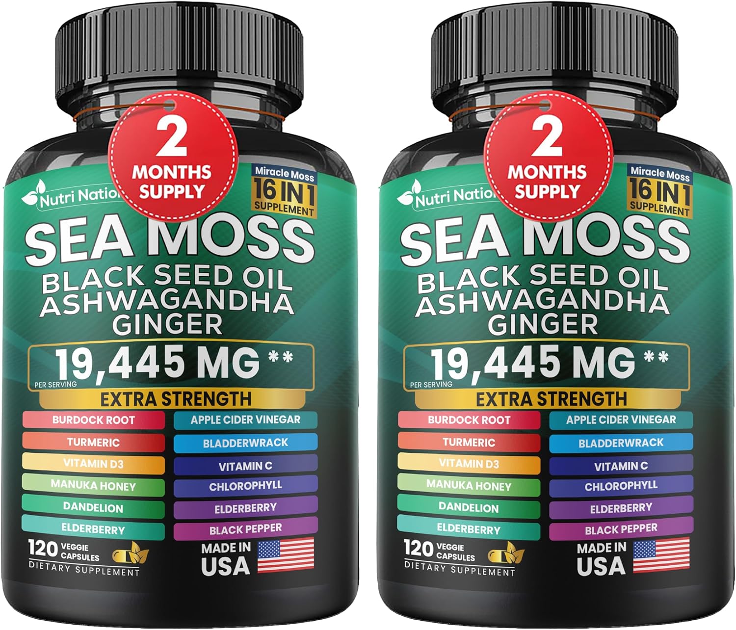 16-in-1 Nutrient-Rich Supplement with Sea Moss, Black Seed Oil, Ashwagandha, Turmeric, and More (120 Capsules)