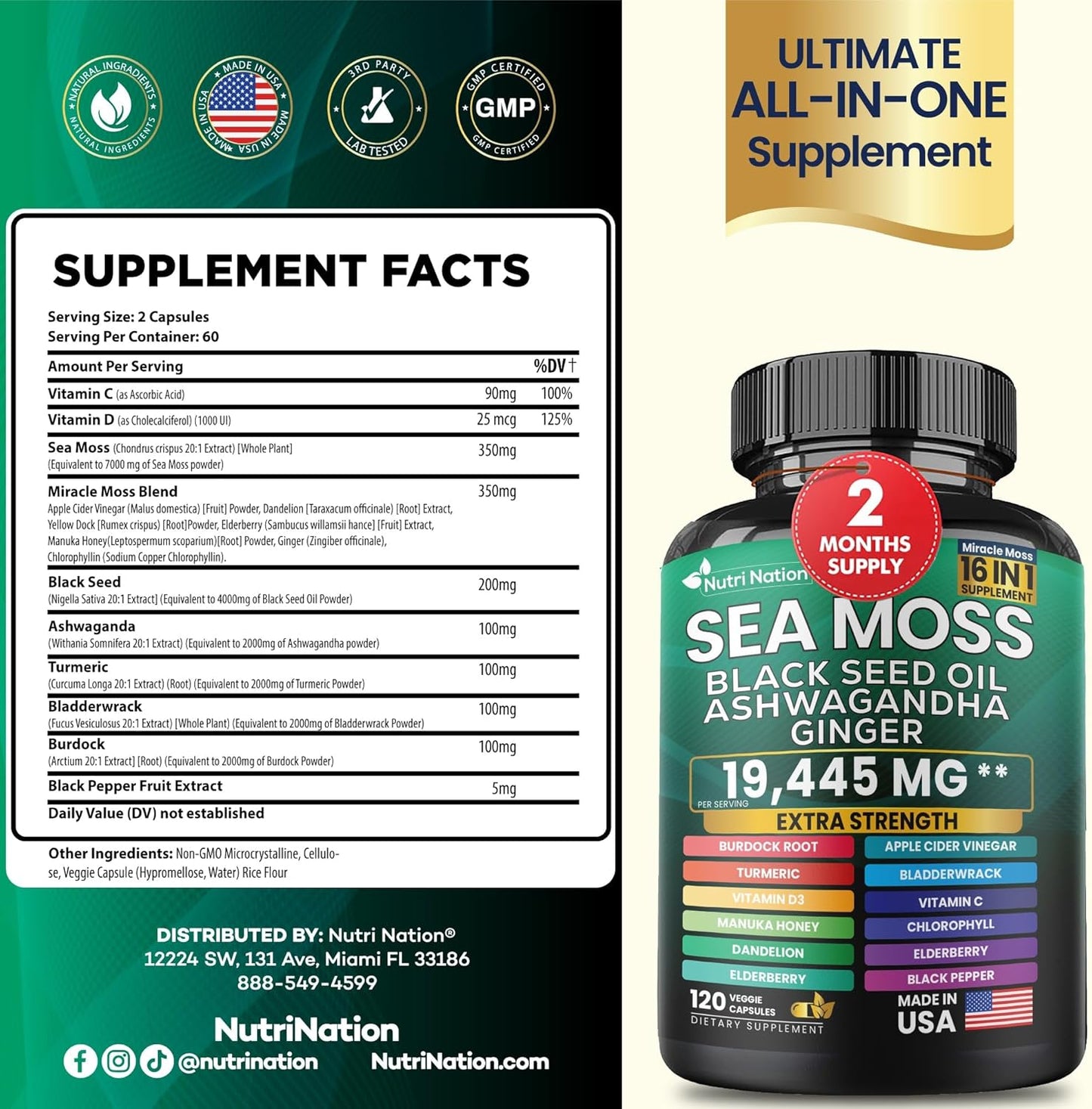 16-in-1 Nutrient-Rich Supplement with Sea Moss, Black Seed Oil, Ashwagandha, Turmeric, and More (120 Capsules)