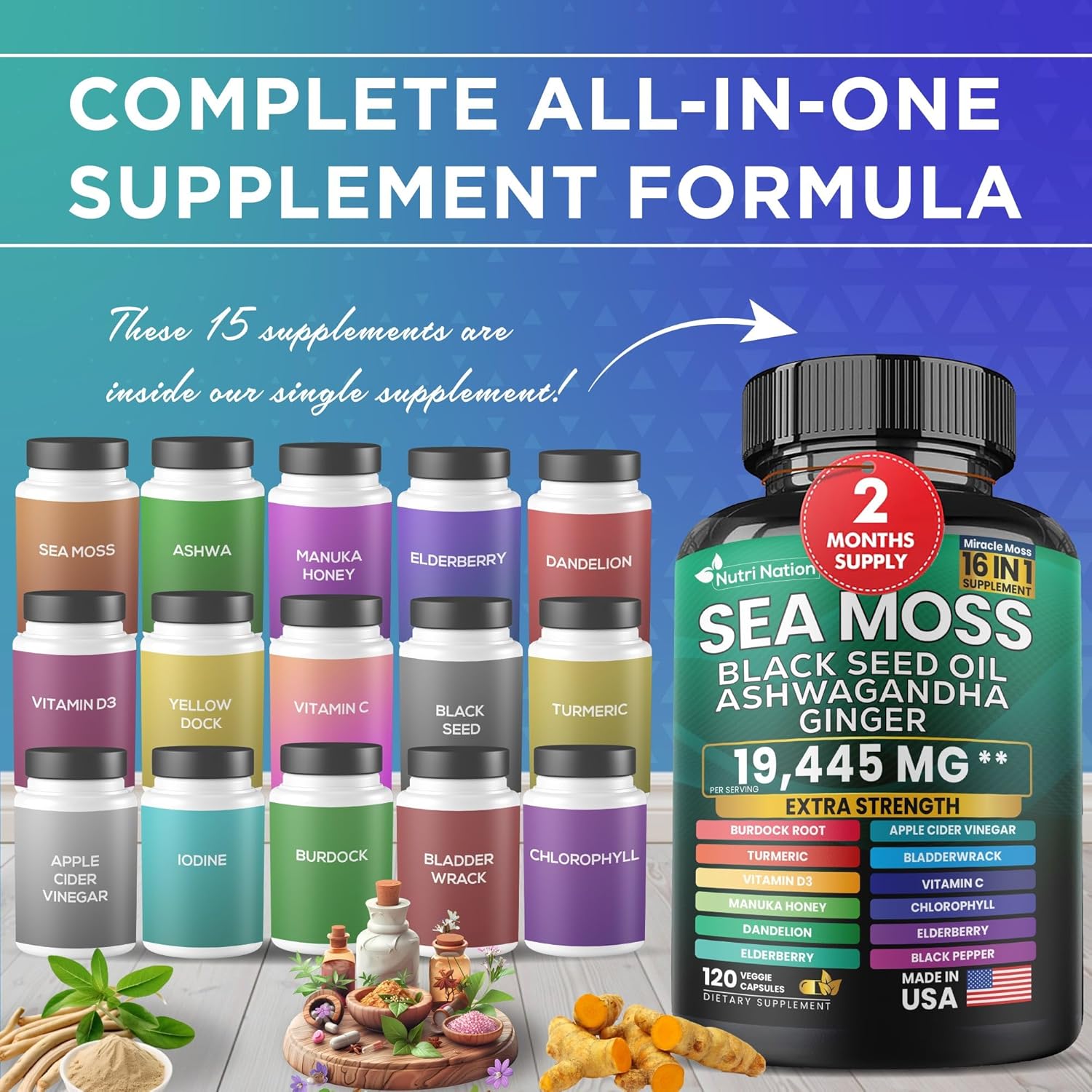16-in-1 Nutrient-Rich Supplement with Sea Moss, Black Seed Oil, Ashwagandha, Turmeric, and More (120 Capsules)