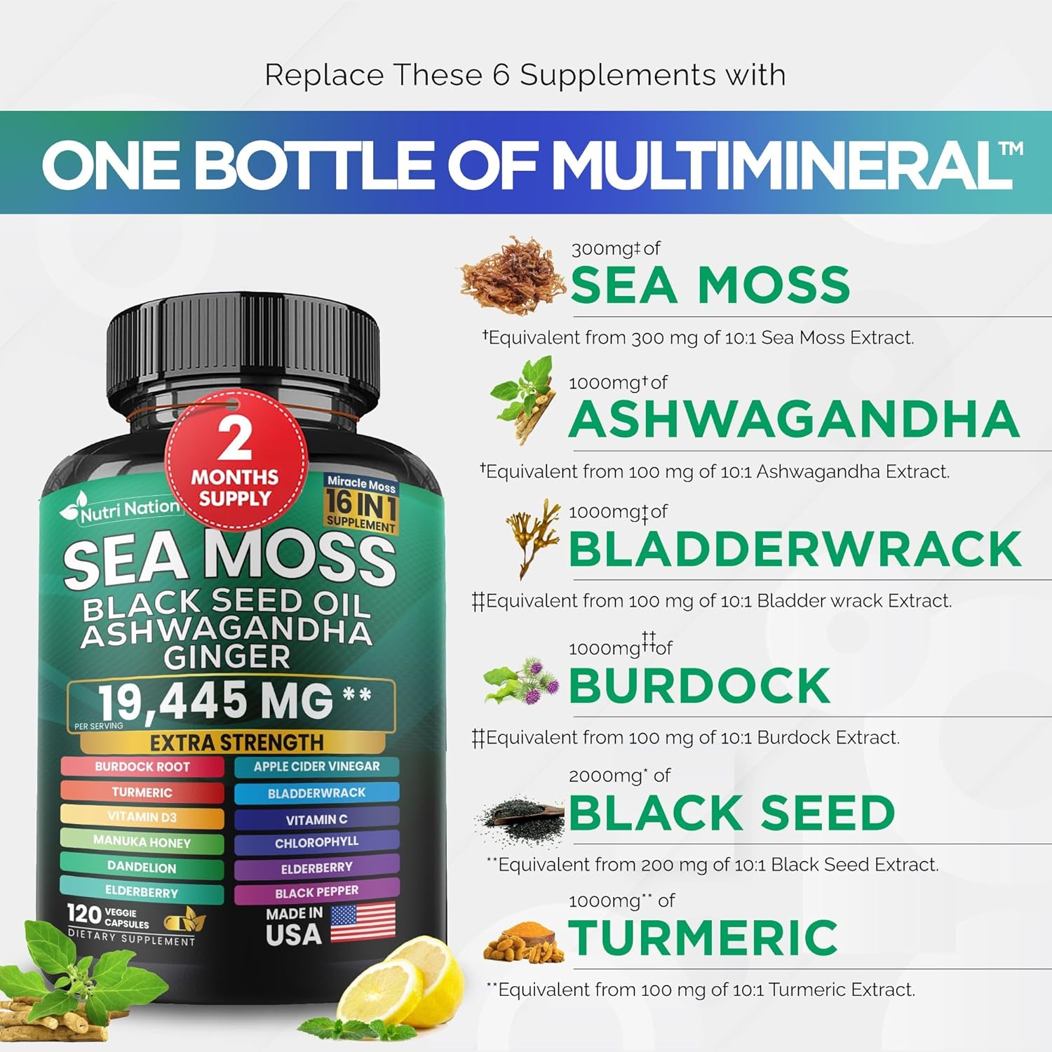 16-in-1 Nutrient-Rich Supplement with Sea Moss, Black Seed Oil, Ashwagandha, Turmeric, and More (120 Capsules)