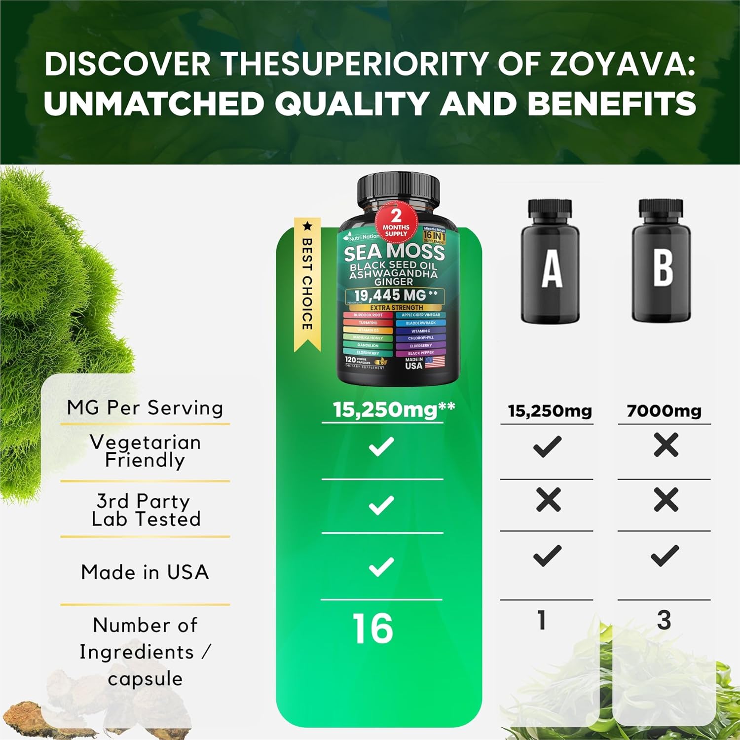 16-in-1 Nutrient-Rich Supplement with Sea Moss, Black Seed Oil, Ashwagandha, Turmeric, and More (120 Capsules)