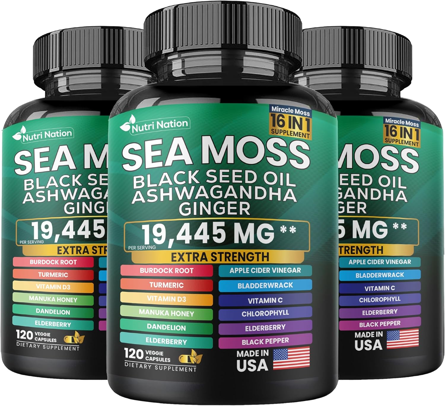 16-in-1 Nutrient-Rich Supplement with Sea Moss, Black Seed Oil, Ashwagandha, Turmeric, and More (120 Capsules)