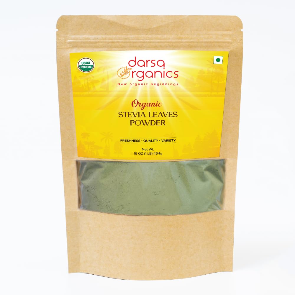 16 oz Darsa Organics USDA Organic Stevia Powder - Pure Natural Sweetener for Cooking & Baking, Zero Calorie Sugar Substitute from India
