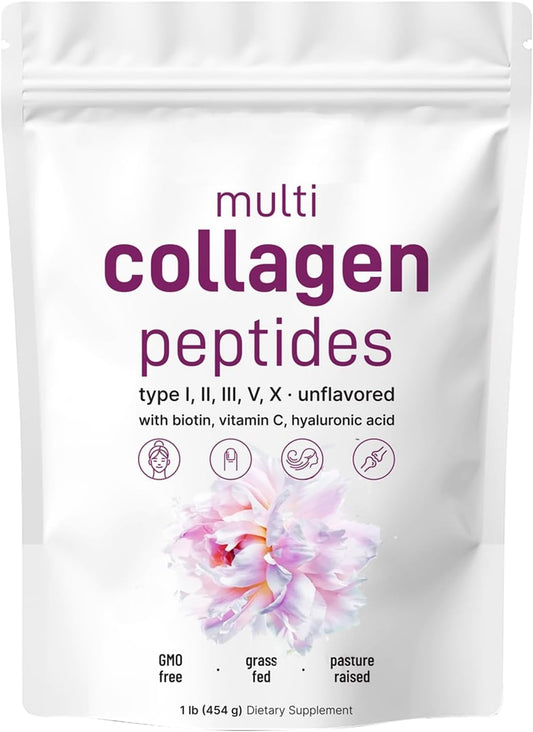 16 Oz DIBOLAI Multi Collagen Peptides Powder - Hydrolyzed Protein Peptides with Hyaluronic Acid, Biotin, Vitamin C - Unflavored Keto & Paleo Friendly - Easy Mixing in Drinks