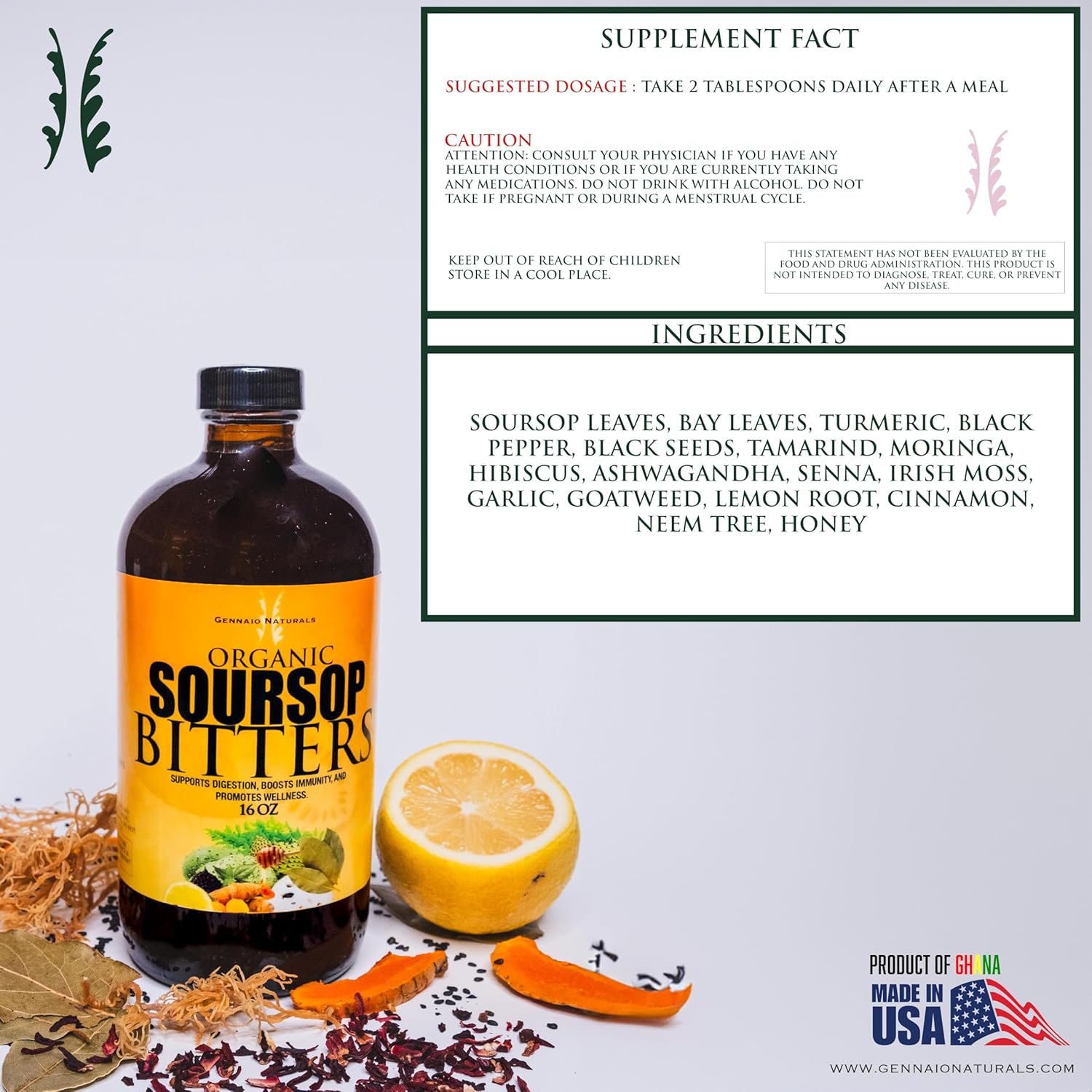 16 oz Gennaio Naturals Organic Soursop Bitters: Immune & Total Health Support Supplement for Vitality