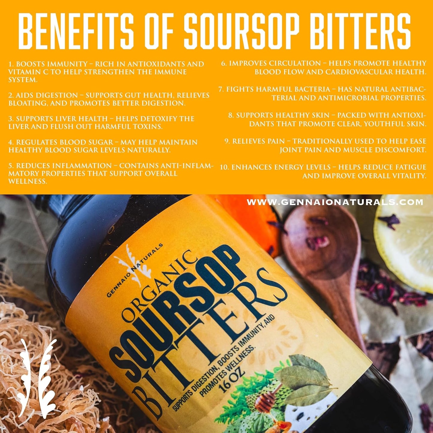16 oz Gennaio Naturals Organic Soursop Bitters: Immune & Total Health Support Supplement for Vitality