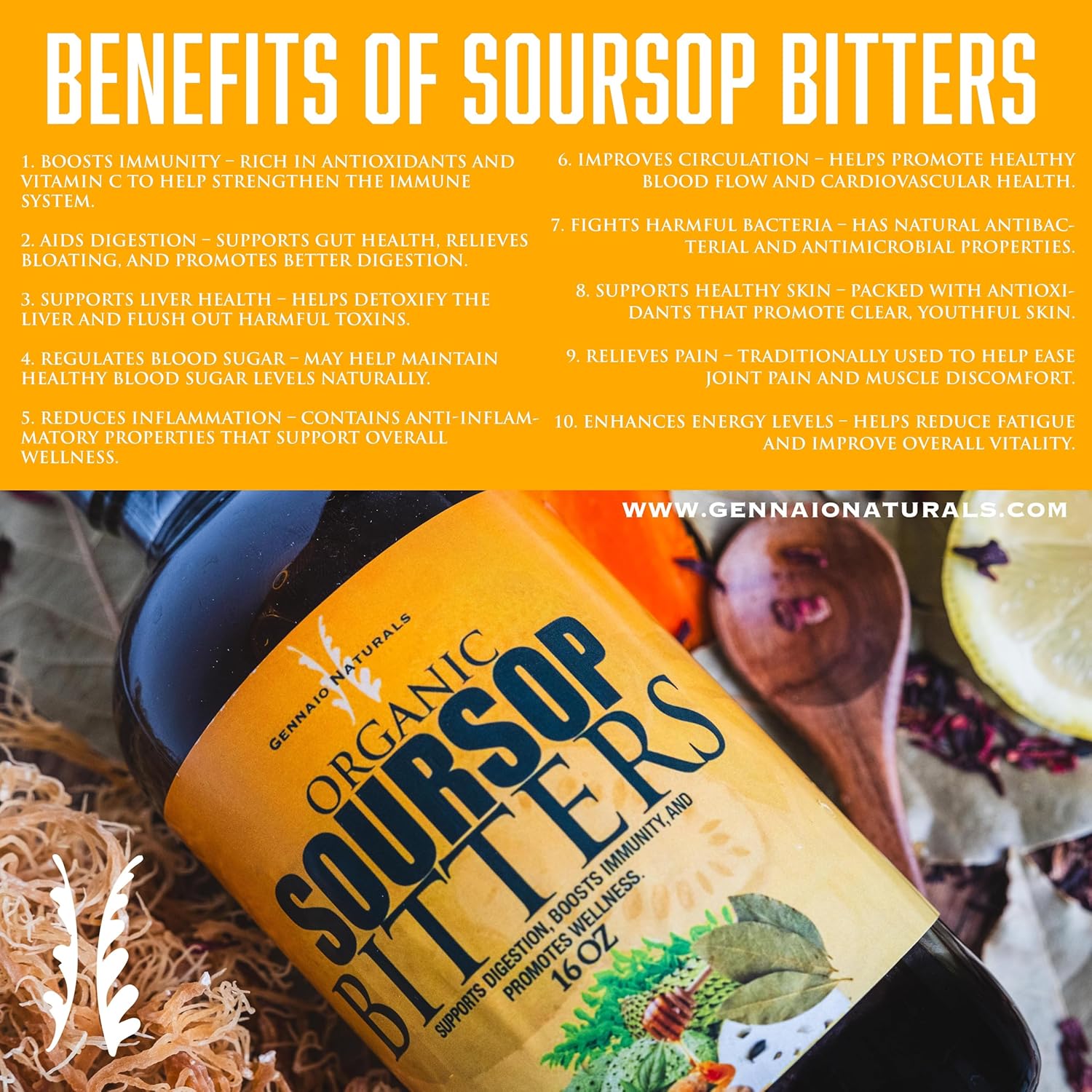 16 oz Gennaio Naturals Organic Soursop Bitters: Immune & Total Health Support Supplement for Vitality