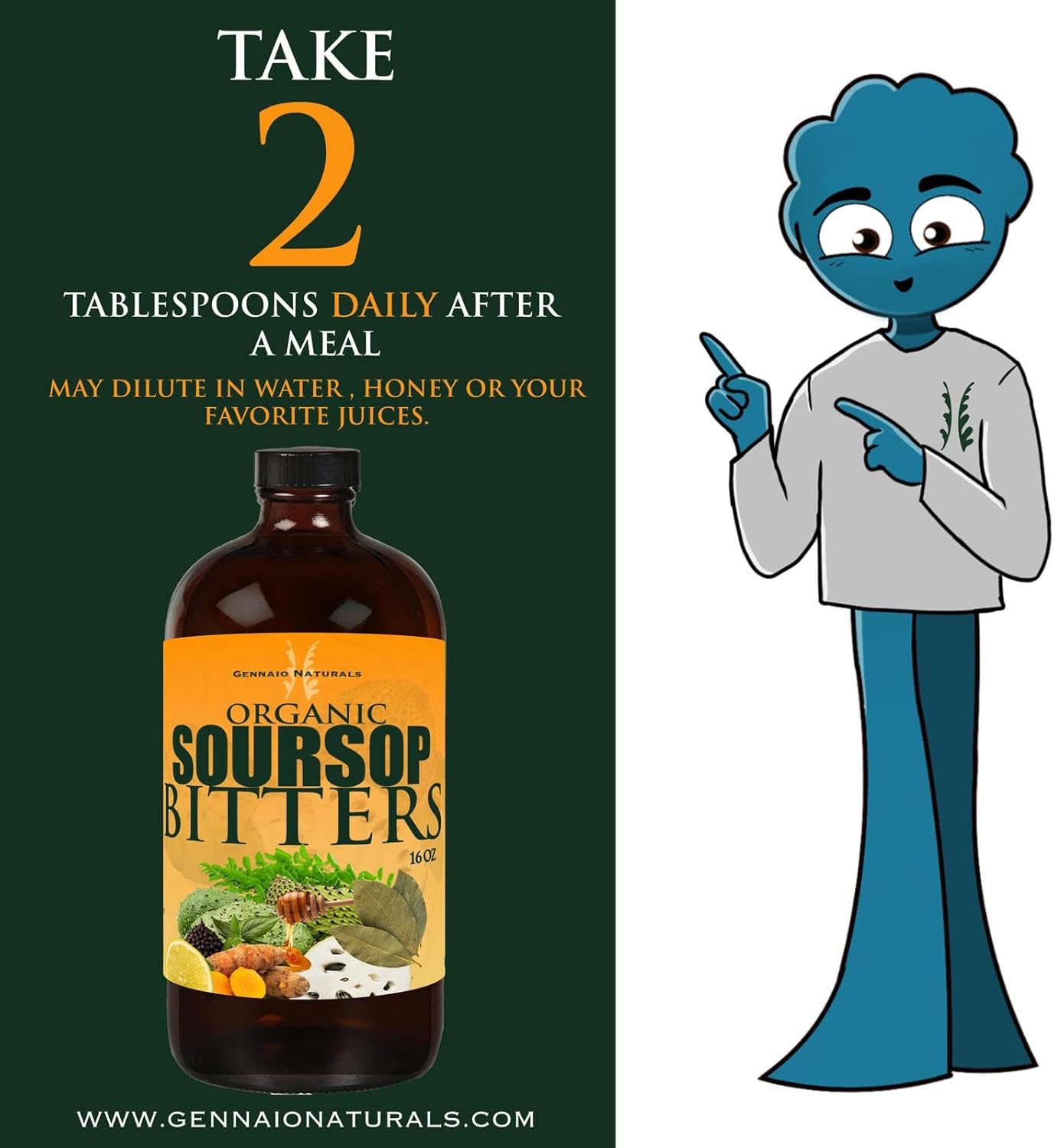 16 oz Gennaio Naturals Organic Soursop Bitters: Immune & Total Health Support Supplement for Vitality