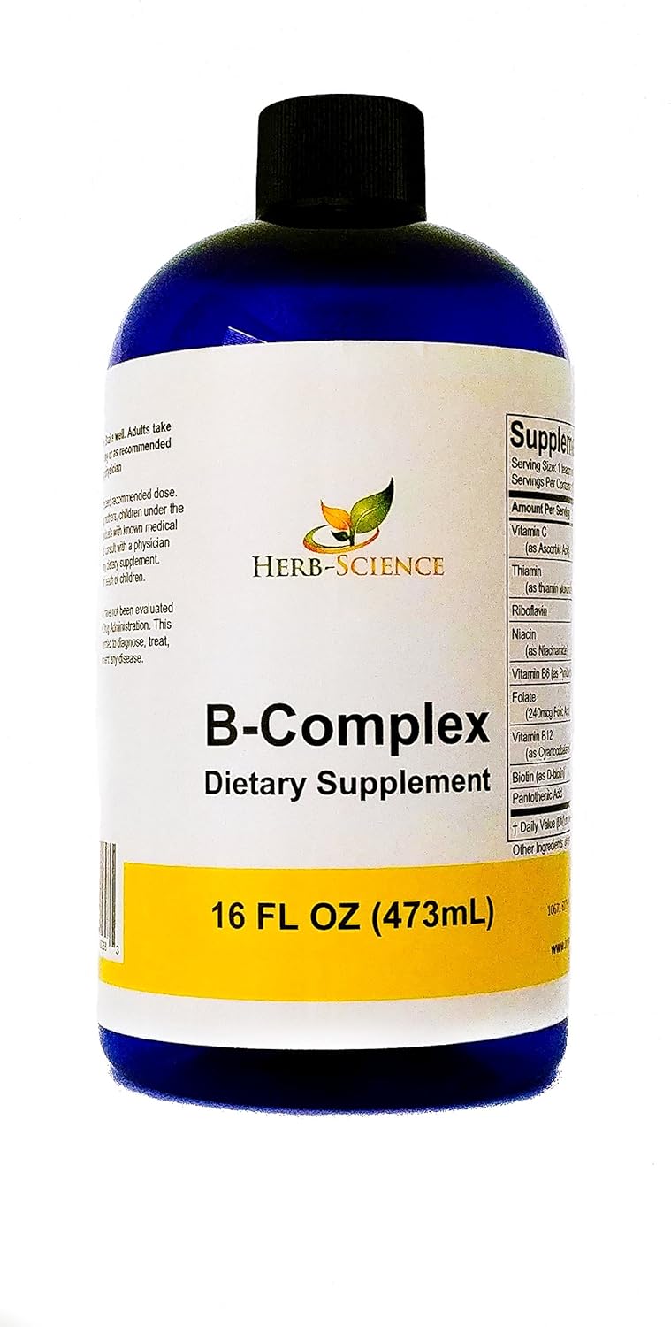 16 oz Liquid Vitamin B-Complex with Vitamin C - Complete B Vitamin Complex Including B1, B2, B3, B5, B6, B7, B9, B12, Folic Acid, Niacin, Biotin - Alcohol-Free Formula by Herb-Science