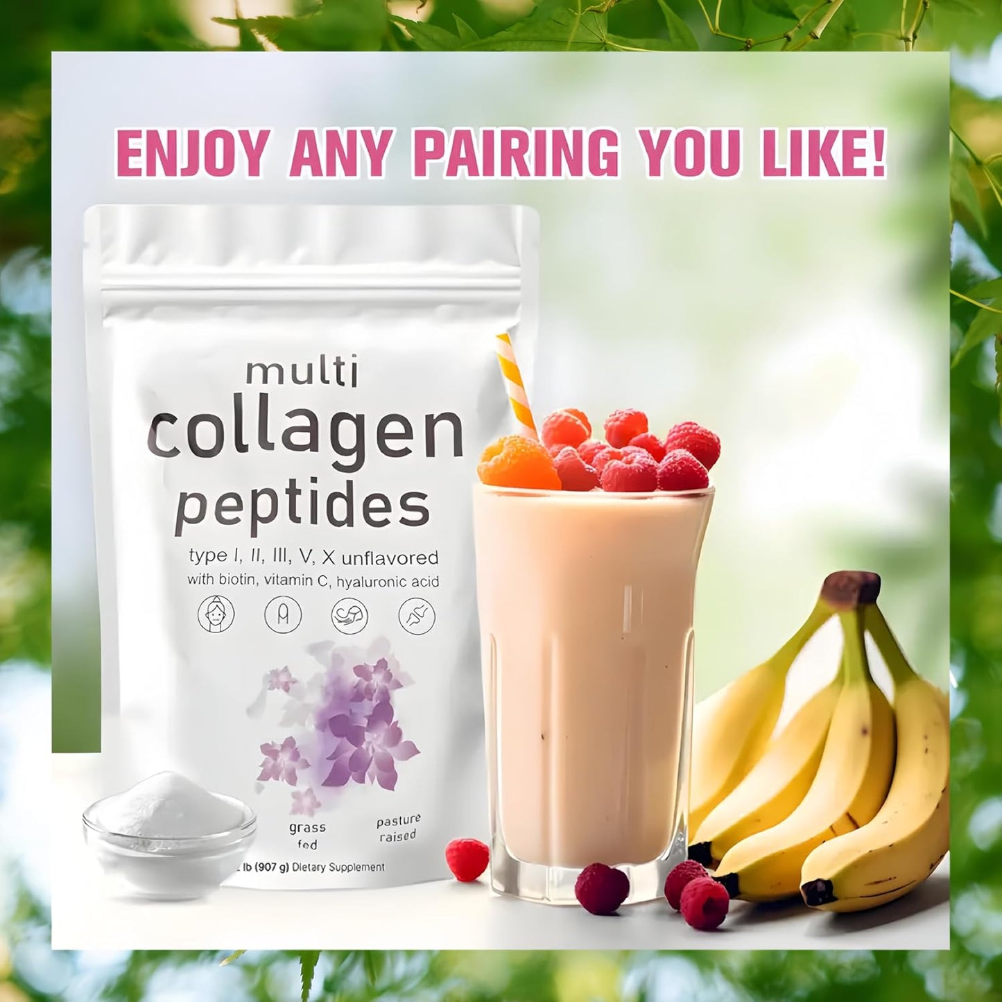 16 Oz Multi Collagen Peptides Powder - Hydrolyzed Protein with Hyaluronic Acid, Biotin, Vitamin C - Type I, II, III, V, X - Unflavored - Keto & Paleo Friendly