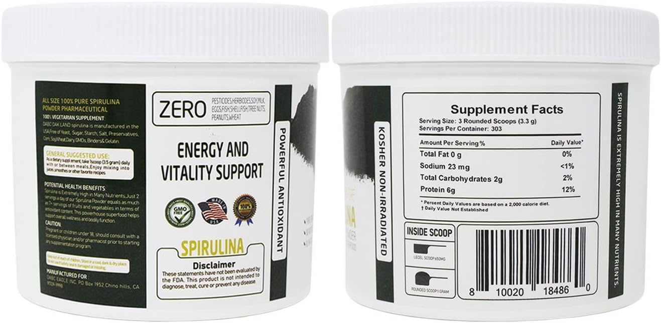 16oz DABC OAK LAND DOL Spirulina Powder - 100% Vegetarian Fitness Food, Plant-Based Protein Substitute