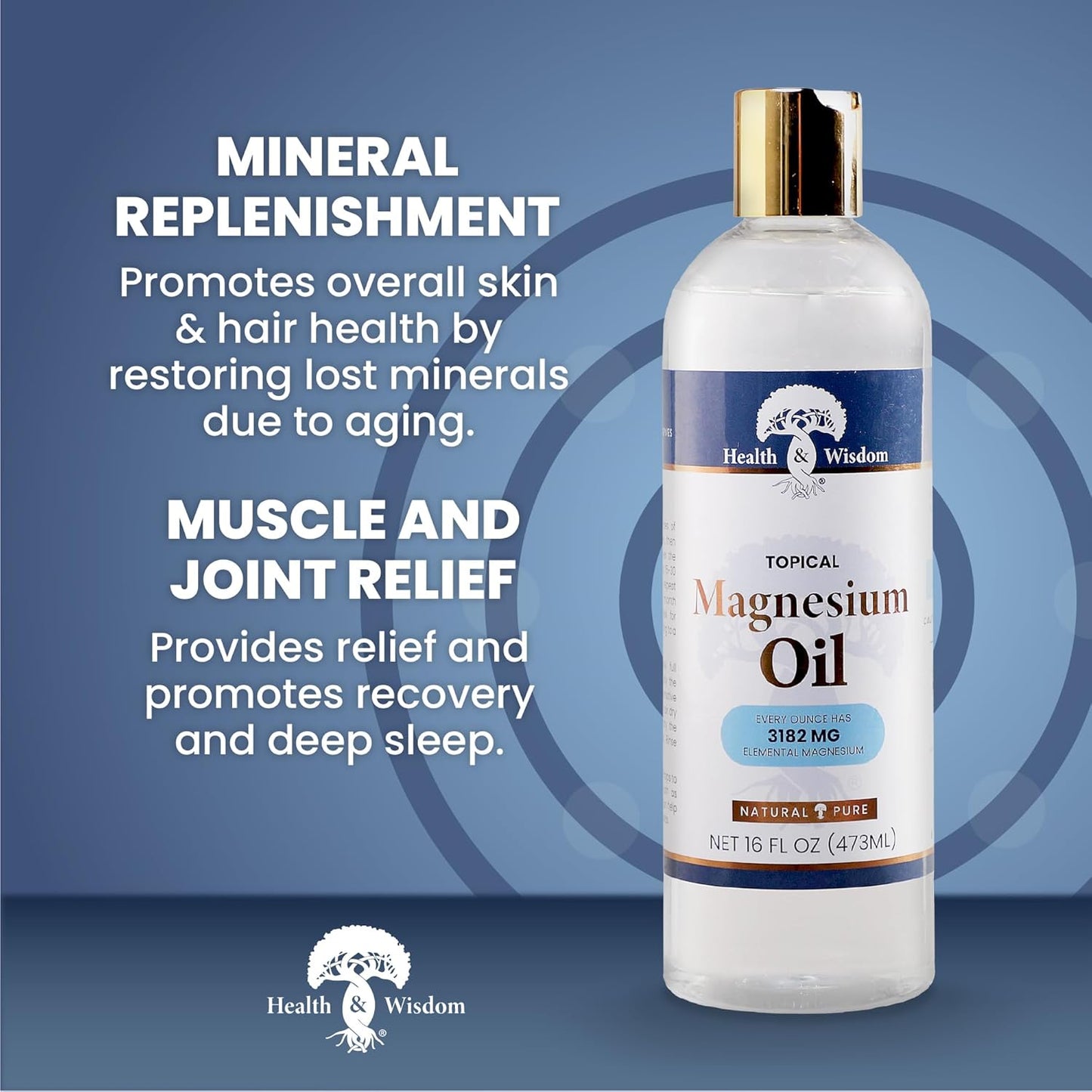 16oz Health and Wisdom Pure Magnesium Oil for Feet, Bath, and Massage - Transdermal Magnesium Chloride Soak