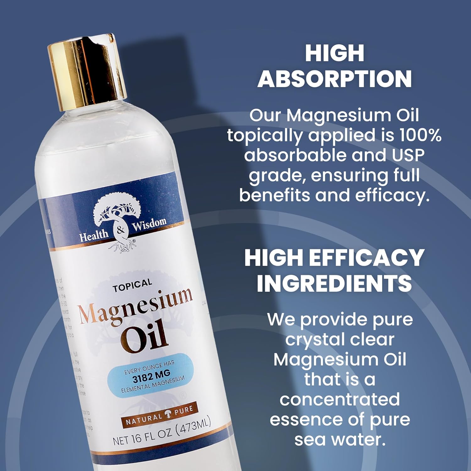 16oz Health and Wisdom Pure Magnesium Oil for Feet, Bath, and Massage - Transdermal Magnesium Chloride Soak