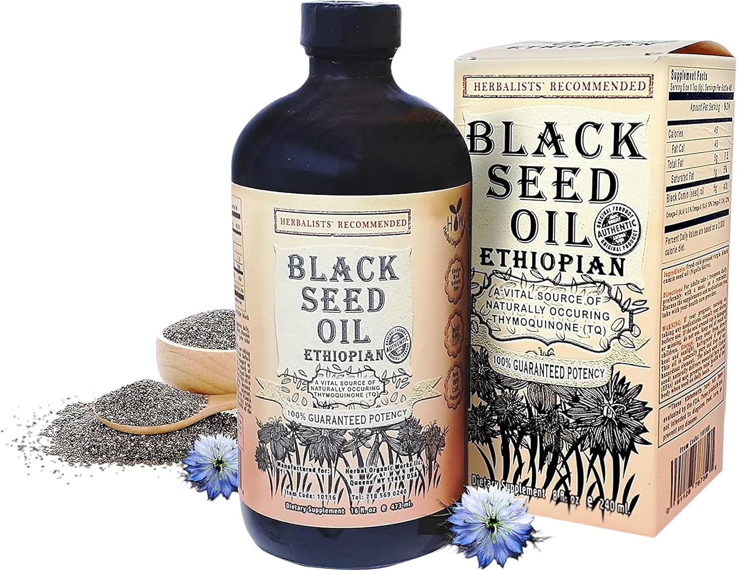 16oz Herbal Organic Works Black Seed Oil - 3x Thymoquinone, Cold Pressed Ethiopian Cumin Seed Oil - 100% Natural Nigella Sativa Glass Bottle
