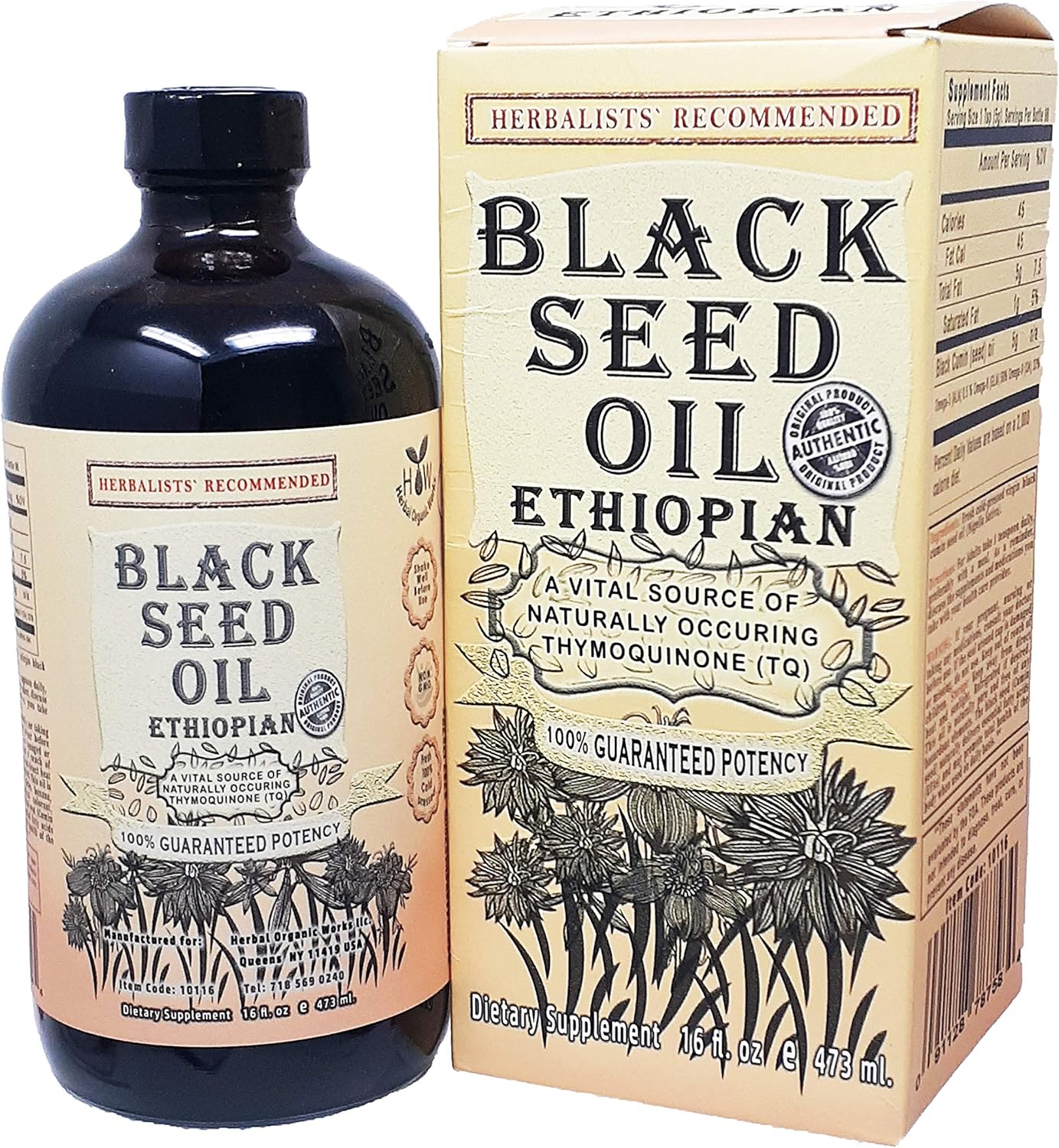 16oz Herbal Organic Works Black Seed Oil - 3x Thymoquinone, Cold Pressed Ethiopian Cumin Seed Oil - 100% Natural Nigella Sativa Glass Bottle