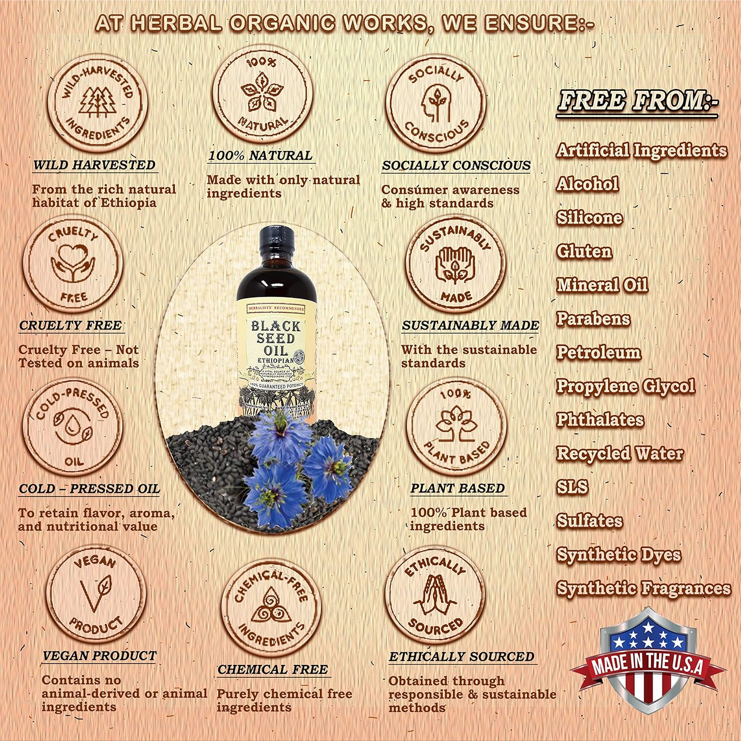 16oz Herbal Organic Works Black Seed Oil - 3x Thymoquinone, Cold Pressed Ethiopian Cumin Seed Oil - 100% Natural Nigella Sativa Glass Bottle