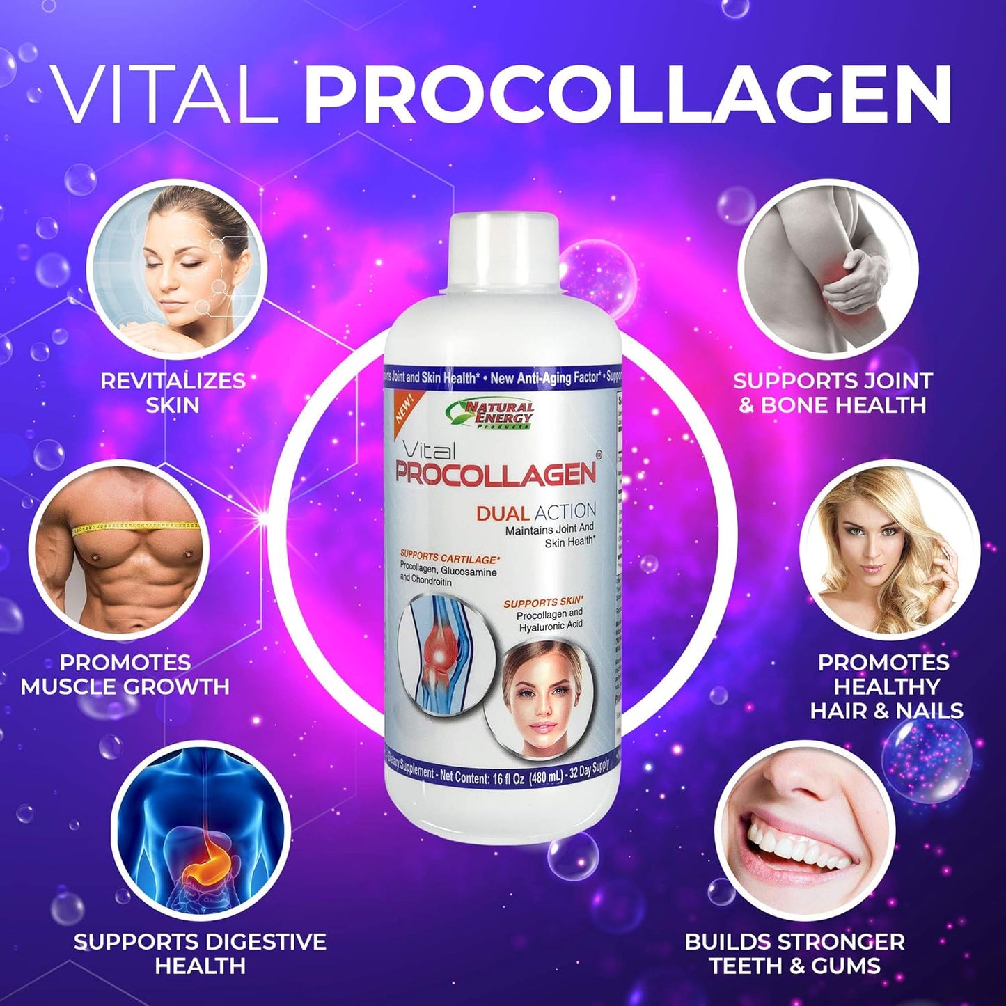 16oz Natural Energy Vital Procollagen Liquid - Hydrolyzed Collagen Protein with Hyaluronic Acid & Glucosamine Chondroitin Sulfate - Anti-Aging for Men & Women - Snickerdoodle Flavor