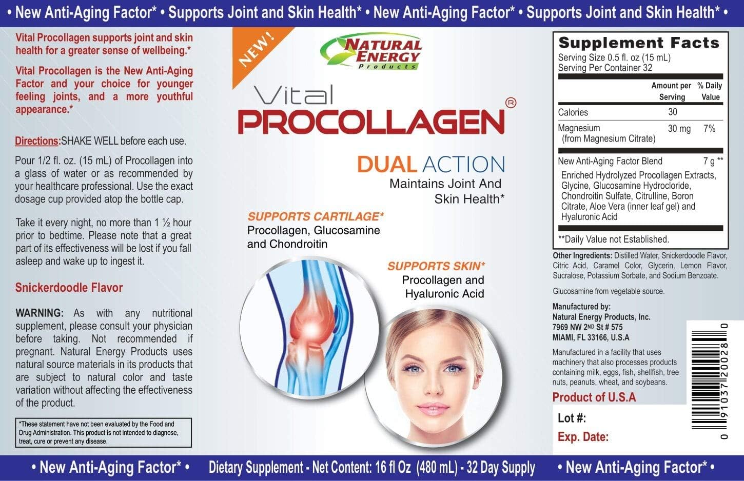 16oz Natural Energy Vital Procollagen Liquid - Hydrolyzed Collagen Protein with Hyaluronic Acid & Glucosamine Chondroitin Sulfate - Anti-Aging for Men & Women - Snickerdoodle Flavor