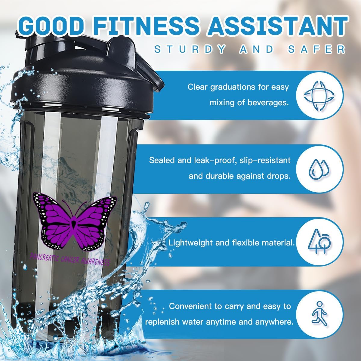 18 oz Pancreatic Cancer Awareness Shaker Bottle - Leak-proof Mixer for Pre Workout, Protein Shakes & Meal Replacements - 500ml Black Bottle