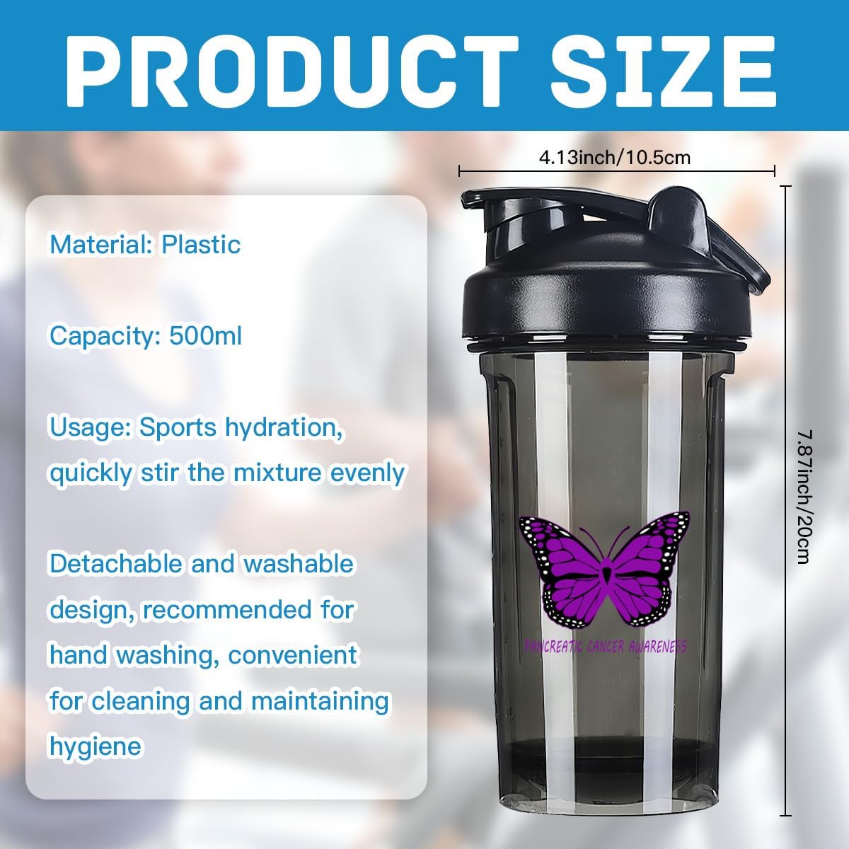 18 oz Pancreatic Cancer Awareness Shaker Bottle - Leak-proof Mixer for Pre Workout, Protein Shakes & Meal Replacements - 500ml Black Bottle