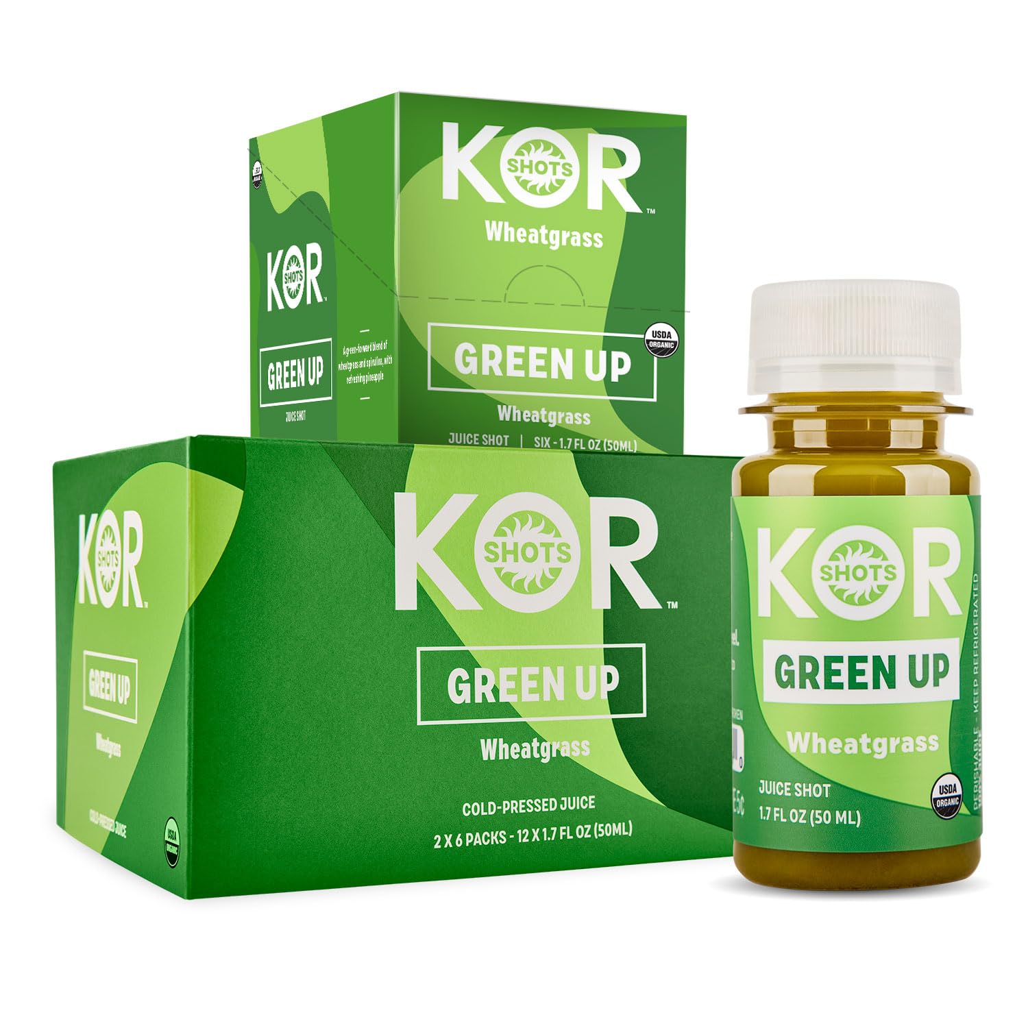 18 Pack Kor Shot Green Up Shot with Wheatgrass, Ginger, and Spirulina - 1.7 Fl Oz Daily Greens Superfoods Shot - USDA Certified Organic