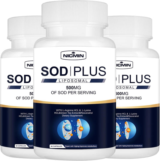 180 Capsules NICMIN Superoxide Dismutase Supplement with Liposomal Glutathione, AKG, Green Tea Extract, L-Arginine, Lysine, Resveratrol, Vitamin E - Immune Support & Antioxidant Boost