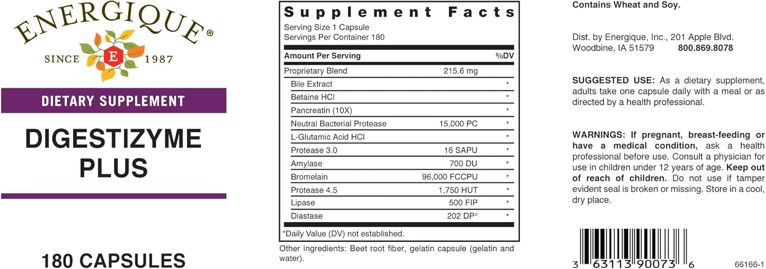 180 Capsules of Energique Digestive Enzyme Blend for Optimal Digestive Health