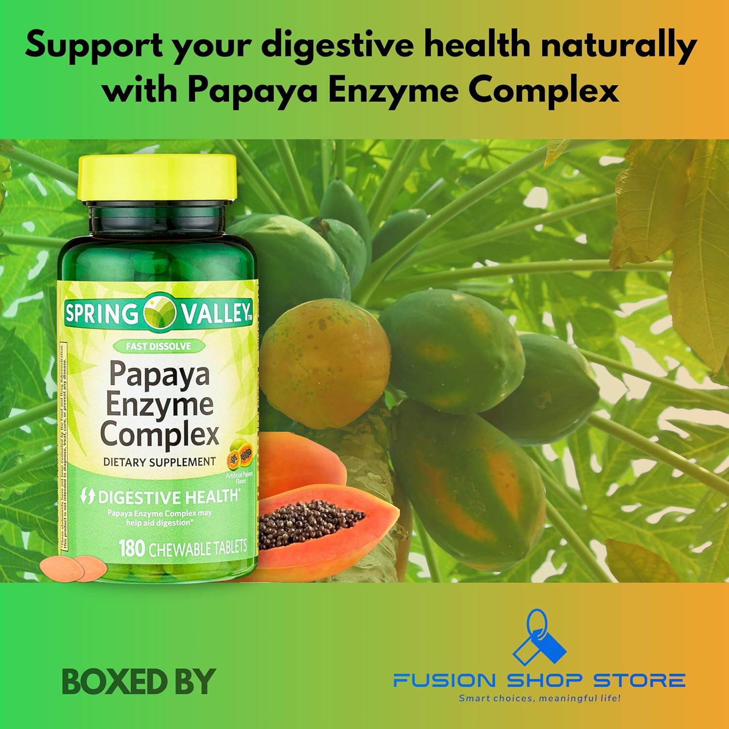 180 Count Papaya Enzymes Chewable Tablets - Dietary Supplement Complex by Fusion Shop Store