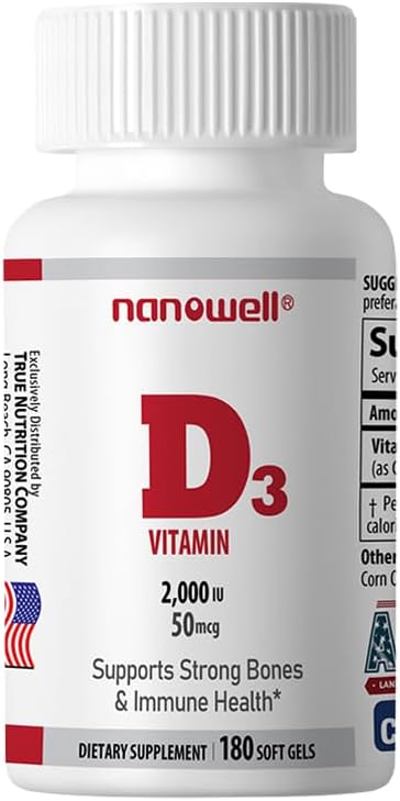 180 Day Supply of NANOWELL Vitamin D3 2000 IU Softgels for Bone, Muscle, and Immune Health Support