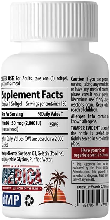 180 Day Supply of NANOWELL Vitamin D3 2000 IU Softgels for Bone, Muscle, and Immune Health Support