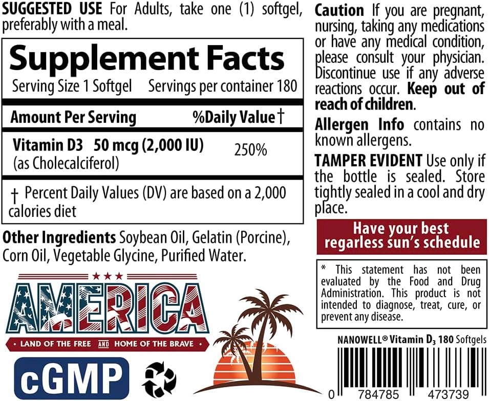 180 Day Supply of NANOWELL Vitamin D3 2000 IU Softgels for Bone, Muscle, and Immune Health Support