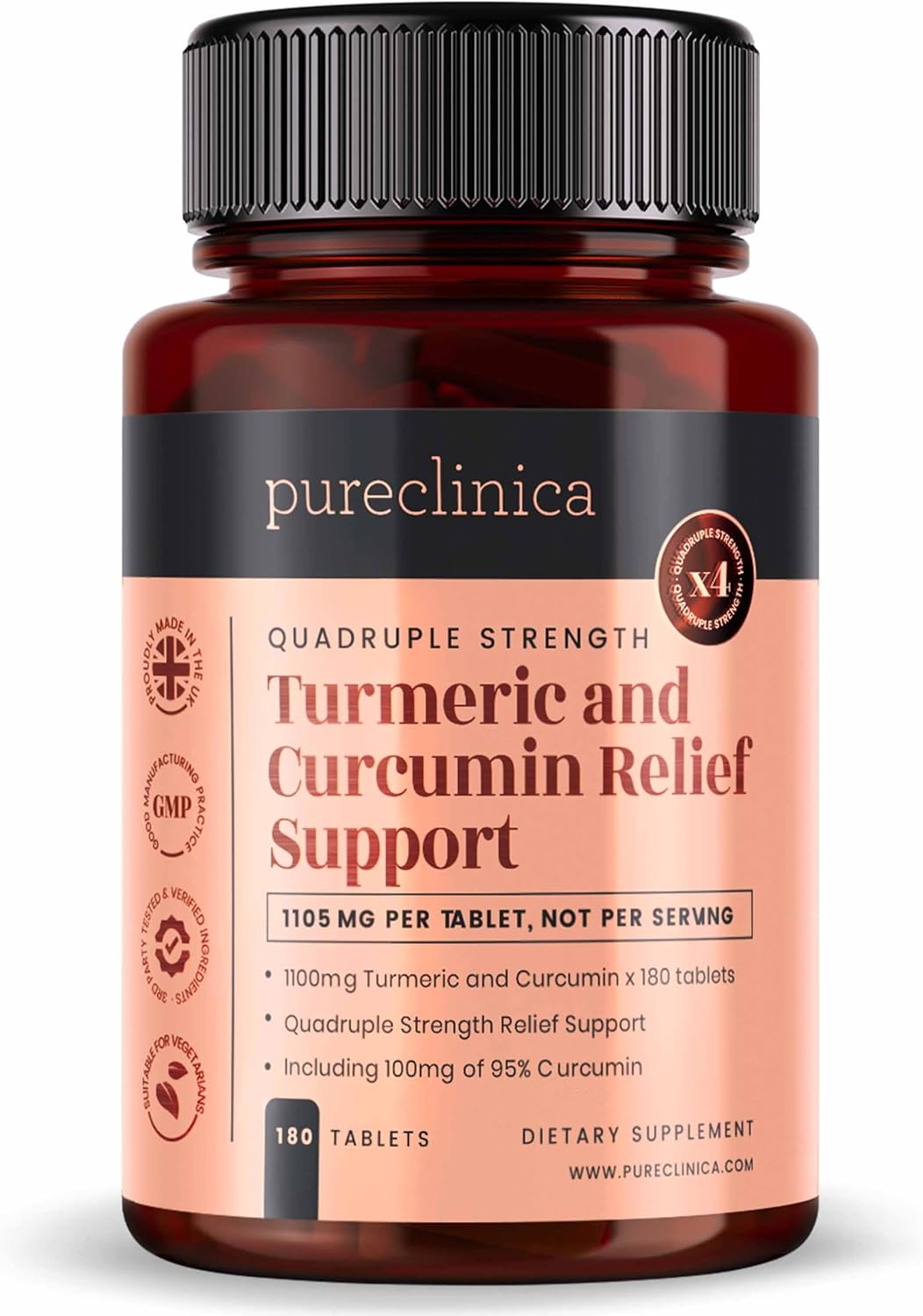 180 Tablets of 1100mg Turmeric and Curcumin with 95% Curcumin & Black Pepper Extract - 6 Month Supply from Pureclinica