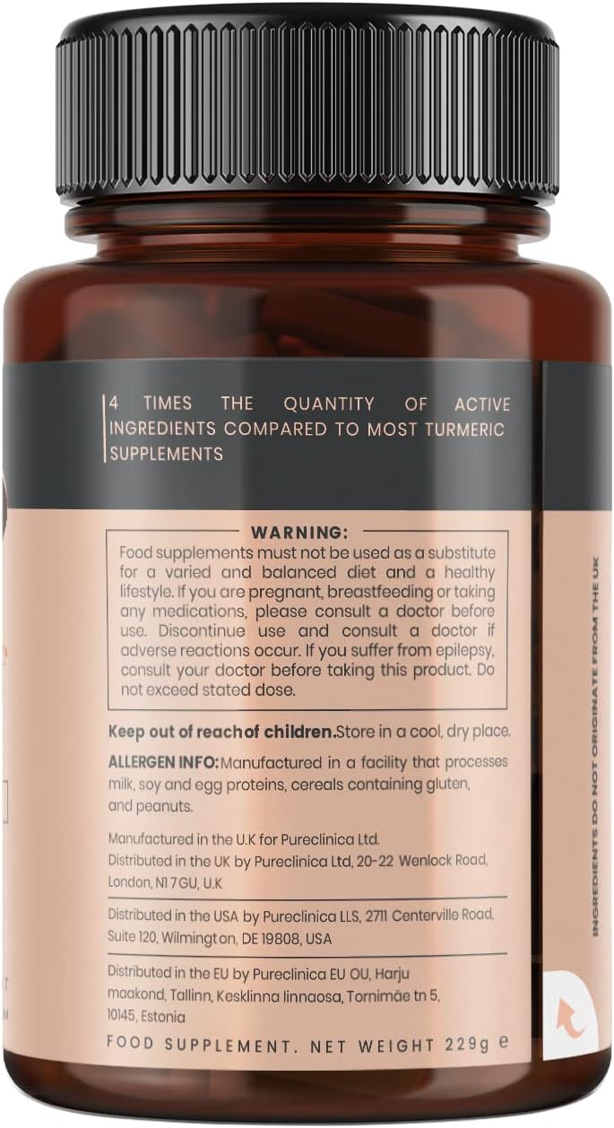 180 Tablets of 1100mg Turmeric and Curcumin with 95% Curcumin & Black Pepper Extract - 6 Month Supply from Pureclinica