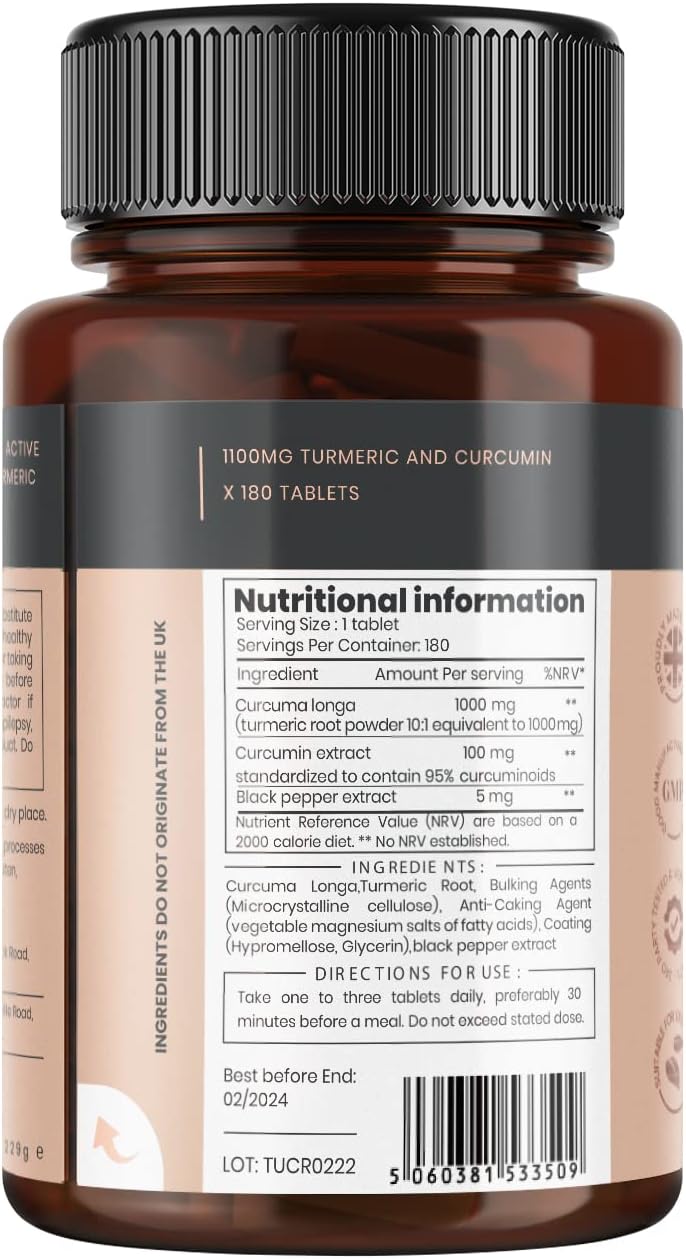 180 Tablets of 1100mg Turmeric and Curcumin with 95% Curcumin & Black Pepper Extract - 6 Month Supply from Pureclinica